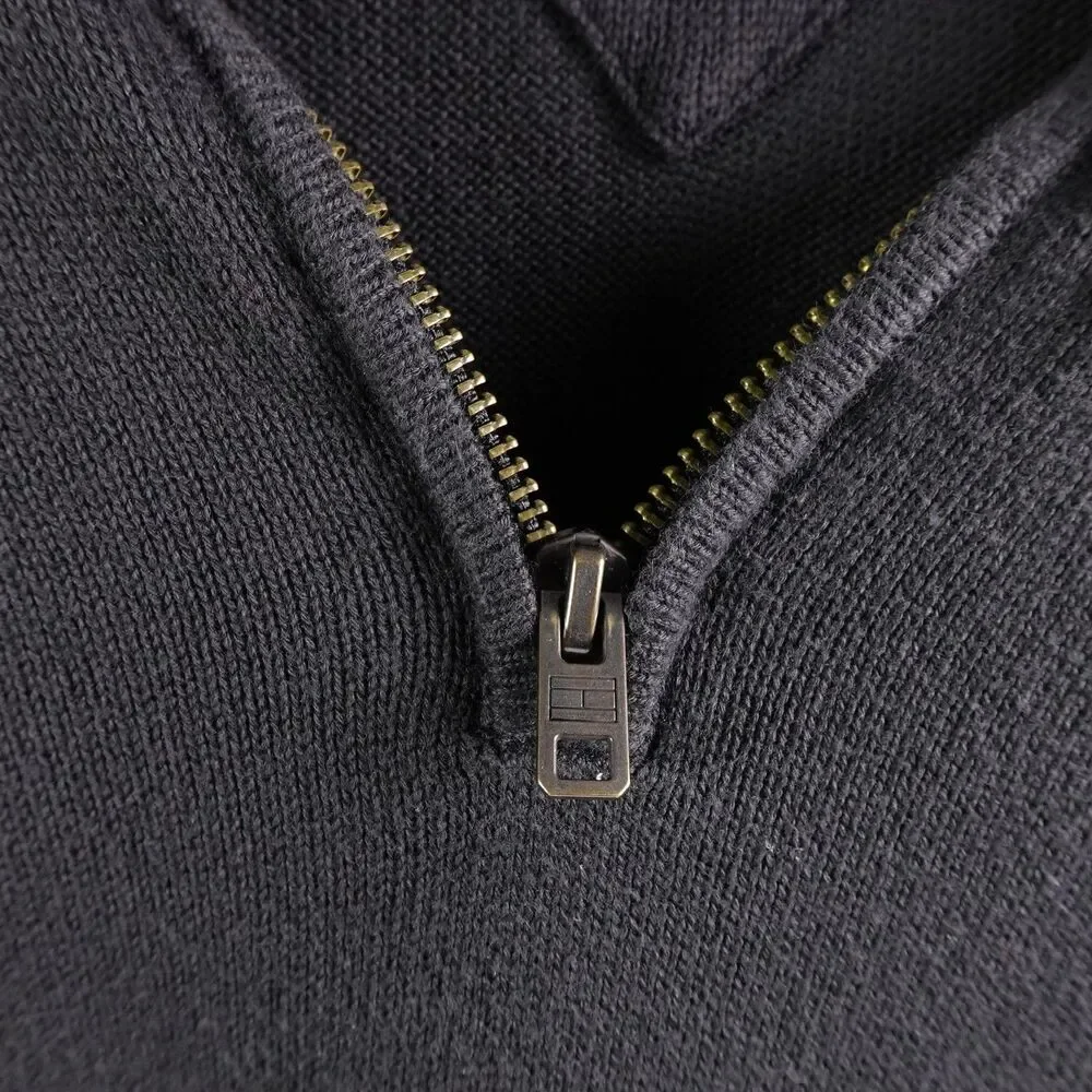 Tommy Hilfiger Sweater Mens XL Black 1/4 Zip Mock Neck Pullover Logo Knit Casual